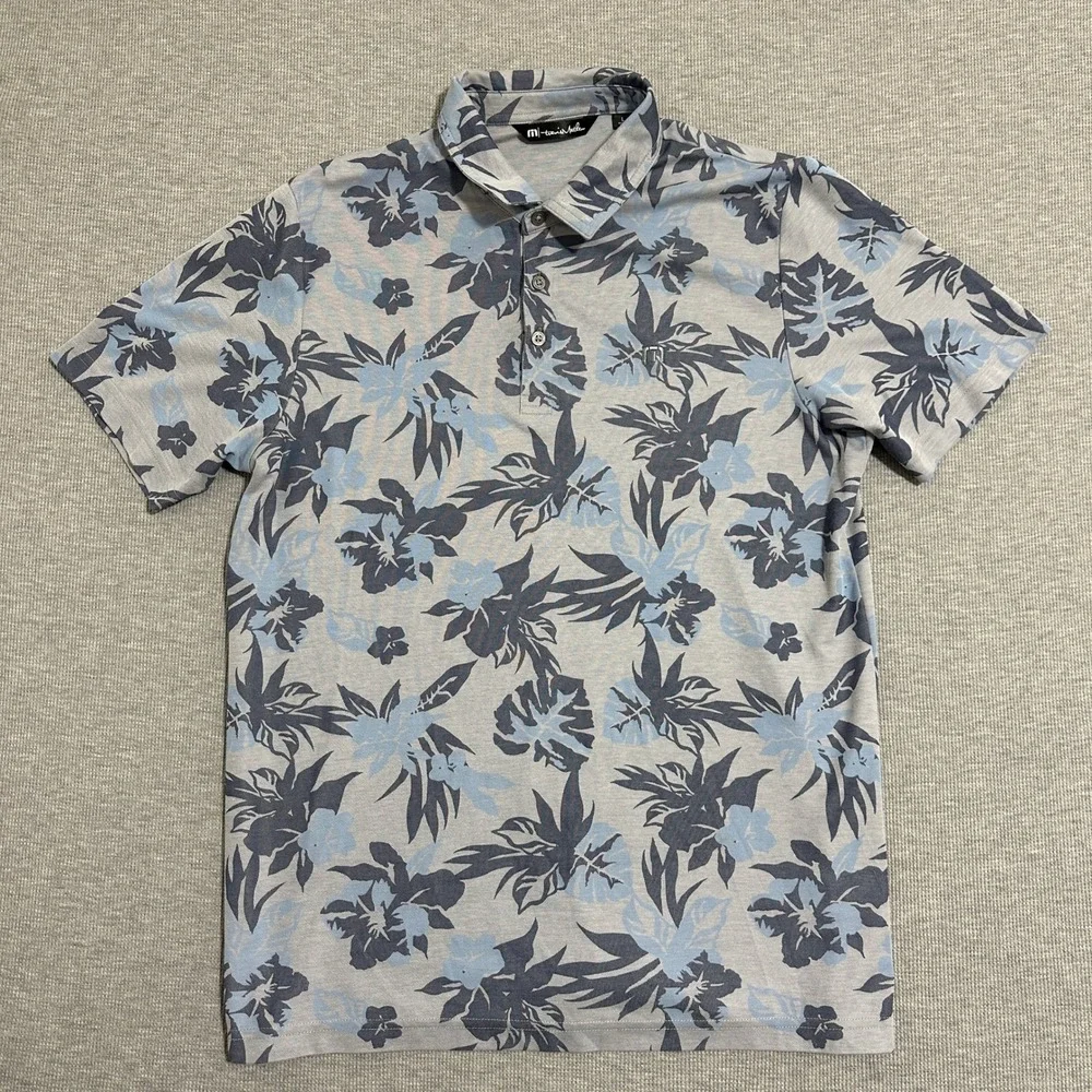TravisMathew Floral Polo Shirt Tropical Leaf Print Gray‎ Blue Mens Size Large